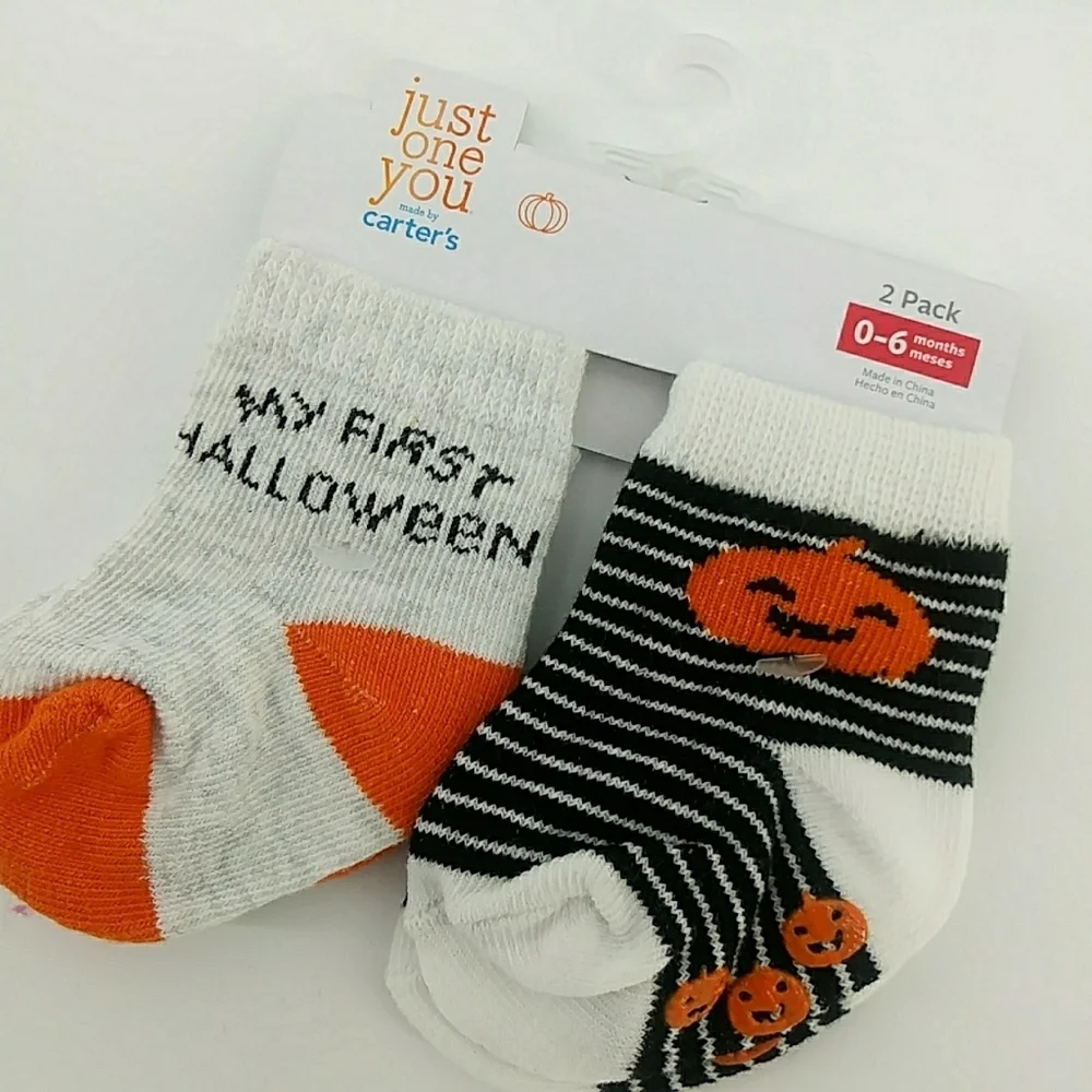 ⭐3/$30 NWT Carter's My First Halloween Socks Slipper Set Pumpkin Stripes 0-6